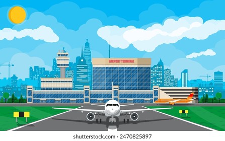 Avión antes del despegue. Torre de control del aeropuerto, edificio terminal y zona de aparcamiento. Paisaje urbano. Cielo con nubes y sol. Ilustración vectorial en estilo plano