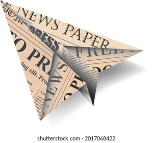 Avión con periódico doblado aislado de fondo blanco. Concepto de libertad de prensa.