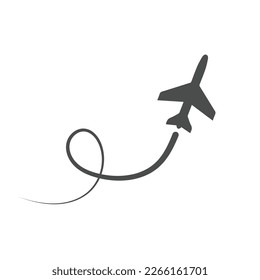 Plane black icon. Airplane path. Airline circle route. Vector illustration isolated on white background.