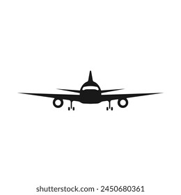 Plane black icon. Silhouette of a large plane from the front vector icon. Airplane vehicle for passengers vector. Flying transport plane black icon.