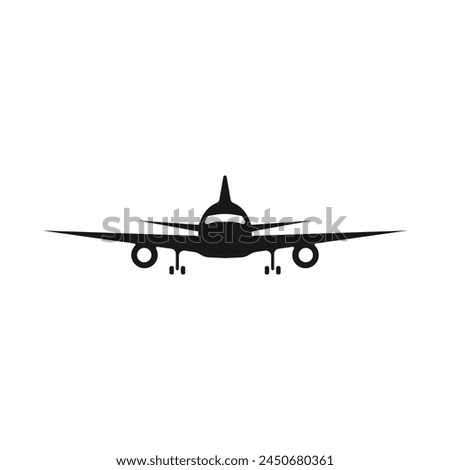 Plane black icon. Silhouette of a large plane from the front vector icon. Airplane vehicle for passengers vector. Flying transport plane black icon.