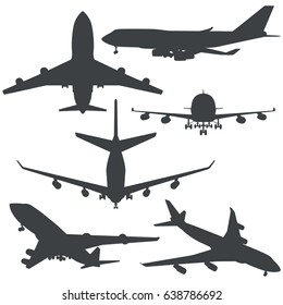 Plane black shapes vector set on white background. Collection of aircraft outlines.