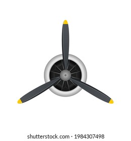 Plane blade propeller isolated on white background. Vintage airplane propeller with radial engine. Turbine icon, fan blade, wind ventilator, equipment generator. Vector illustration