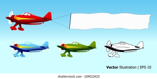 Plane with blank sky banner, aerial advertising, aircraft in different colors, vector illustration