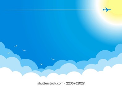 Plane in blue sky flies above clouds against  backdrop of sun. Vector background