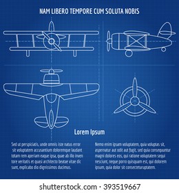 Plane blueprint image Drawing airplane draft with text on dark blue background. Vector illustration