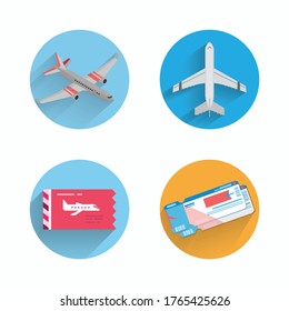 plane, boarding pass, flying ticket, flat icon set with long shadow.