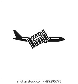 Plane bomb mined by terrorist silhouette line icon on background