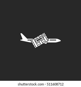 Plane bomb mined by terrorist silhouette line icon on background