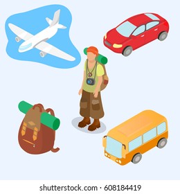 Plane, bus, car, backpack with a road rug and tourist traveler in a bandanna with a backpack in road boots as travel symbols Isometric 3d style vector illustration