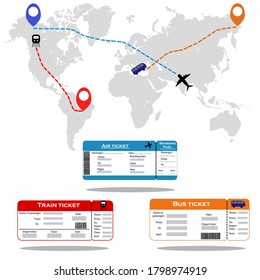 
Plane, bus, train tickets. World map. Boarding pass ticket template.