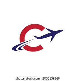Plane with C initial letter Travel logo vector template