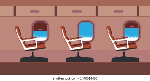 Plane cabin passenger seat illustration vector. Blue travel aircraft cartoon interior jet with window. Flat chair inside economy class salon aisle. Airplane journey tour.