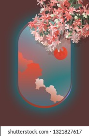 Plane cabin window and sky  decoration with tropical flowers, nostalgic retro vinatage color palette