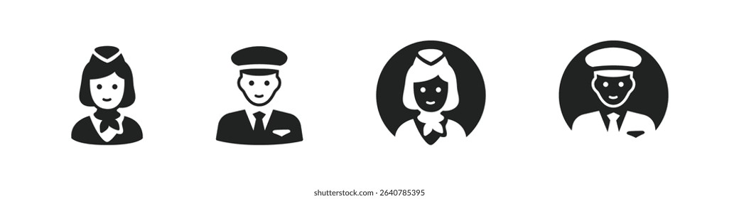 Plane captain and flight attendant avatars in flat and circular style. Aviation job characters for airline theme set.