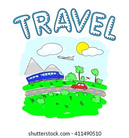 The plane, car and train. Journey. Children's coloring. Colour picture on the theme of the trip.Travel.