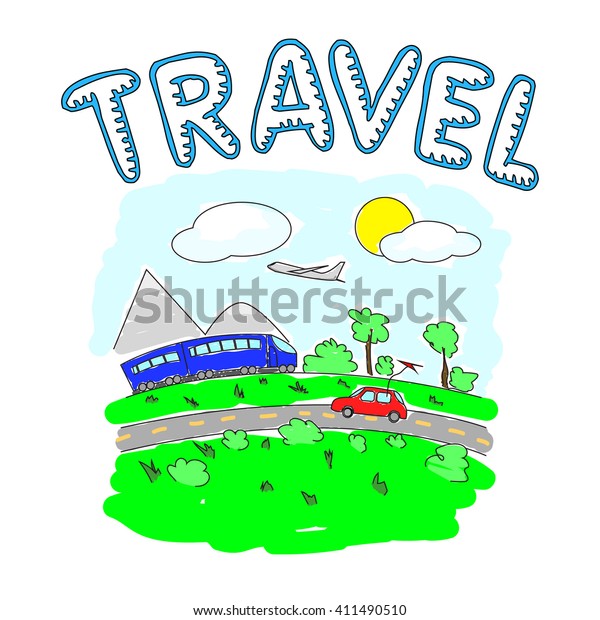 The plane, car and\
train. Journey. Children\'s coloring. Colour picture on the theme of\
the trip.Travel.