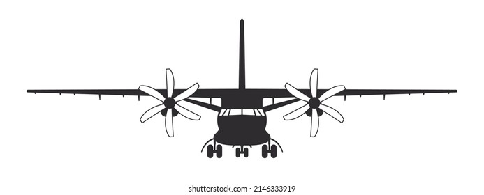 Plane. Cargo propeller plane. Airplane silhouette front view. Vector image