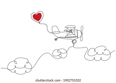 The plane carries the heart. One line drawing. Gift for Valentine's Day, for a wedding, for the holiday. Vector illustration.