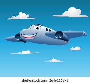 plane cartoon smiling and flying in the sky