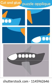 Plane in cartoon style, education puzzle game for development of preschool children, use scissors and glue to create the applique, cut parts of the image and glue on paper, vector illustration