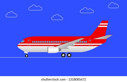 Plane in cartoon style. Side view. Passenger airplane with wheels. Vector illustration.