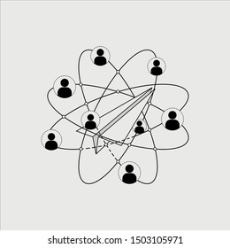 The plane is in the center of the abstract image of the atom.  Image of people as electrons of an atom.  Scientific technological breakthrough.  Flight of fancy in science.  Molecular physics