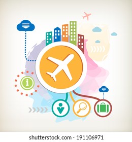 Plane and city on abstract colorful watercolor background with different icon and elements. Design for the web, banner, advertising, print.