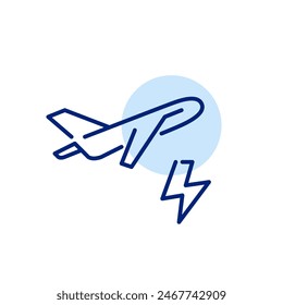Escalada de aviones y relámpagos. Vehículo de vuelo eléctrico. Icono de trazo perfecto y editable