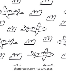 Plane and cloud seamless pattern. Vector hand drawn illustration.