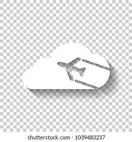 Plane and cloud. Simple icon. Logo. White icon with shadow on transparent background