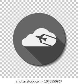 Plane and cloud. Simple icon. Logo. White flat icon with long shadow in circle on transparent background