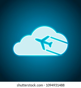 Plane and cloud. Simple icon. Logo. Neon style. Light decoration icon. Bright electric symbol