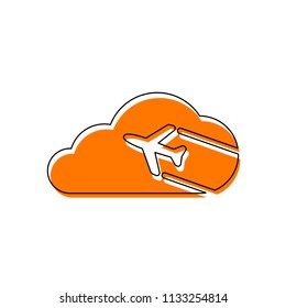 Plane and cloud. Simple icon. Logo. Isolated icon consisting of black thin contour and orange moved filling on different layers. White background