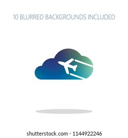 Plane and cloud. Simple icon. Logo. Colorful logo concept with simple shadow on white. 10 different blurred backgrounds included