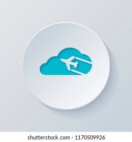 Plane and cloud. Simple icon. Logo. Cut circle with gray and blue layers. Paper style
