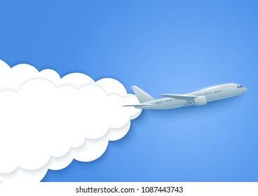 Plane in the clouds. Aircraft and paper clouds. Vector.