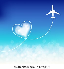 Plane in the clouds with heart-shaped smoke trail on the blue sky. Illustration for logotypes, posters, greeting and invitation cards, print and web projects.