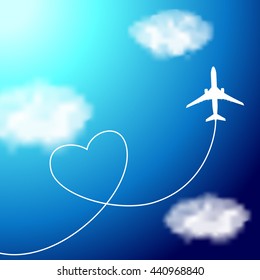 Plane in the clouds with heart-shaped smoke trail on the blue sky. Illustration for logotypes, posters, greeting and invitation cards, print and web projects.