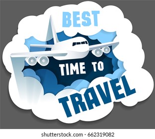 Plane is in the clouds of paper. Time to travel. Sticker, banner, poster for travel agency and airlines. Flat.