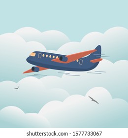 A plane in the clouds. Passenger airliner. Jet airplane. Isolated vector. Aircrafts in the sky. Vector illustration. 
