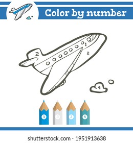 Plane Color by numbers. Coloring page for preschool children. Learn numbers for kindergartens and schools. Educational game.