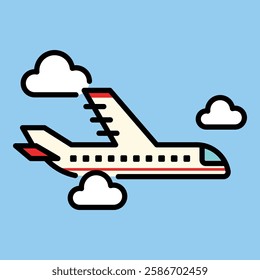 Plane color-filled round line vector icon with editable stroke, symbolizing air travel, holiday, vacation and aviation.