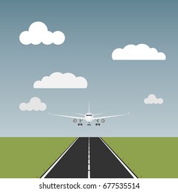 The plane comes to land, the plane is on the runway. Flat design, vector illustration, vector.