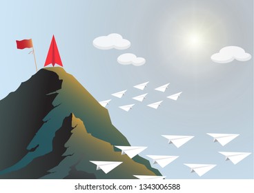 Plane competition with red paper plane on top of mountain with flag, business leadership ambitious successful goal achievement concept vector illustration