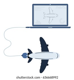 Plane connected to a laptop through a usb cable. Outline of the airplane and graphs being shown on the computer monitor. Flat design. Isolated.