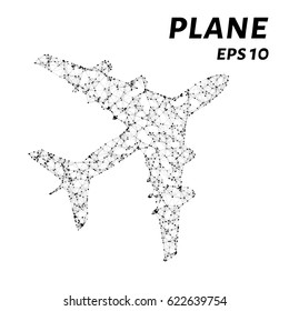 The plane consists of points, lines and triangles. The polygon shape in the form of a silhouette of an airplane on a white background. Vector illustration