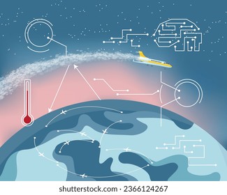 Plane Gegensätze, die die Erderwärmung beeinflussen, Vektorgrafik. Einsatz künstlicher Intelligenz zur Verringerung der Auswirkungen von Kondenswolken auf den Klimawandel und zur Koordinierung der Flugwege. Ökokonzept