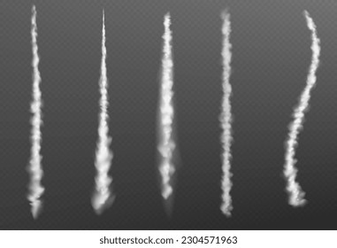 Control de aviones, pista de humo de aviones a reacción o de cohetes. Efecto de condensación en el aire del vuelo del avión de velocidad en el cielo. Nubes de línea blanca de vapor aisladas en un conjunto transparente y realista vectorial