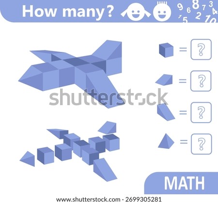 Plane. Counting math game for kids. Geometric shapes airplane. Educational mathematics puzzle. Count how many geometric shapes are in the picture and write the result. Sketch vector illustration